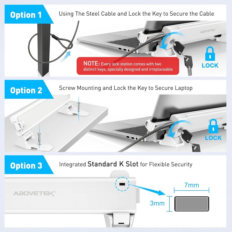 AboveTEK MacBook & Surface Laptop Locking Station with Combo Lock Cable, Anti Theft Folding Security Laptop Desk Mount, Adjustable & Portable, Fits 12"-16" Laptops/Notebooks (White) - Image 4